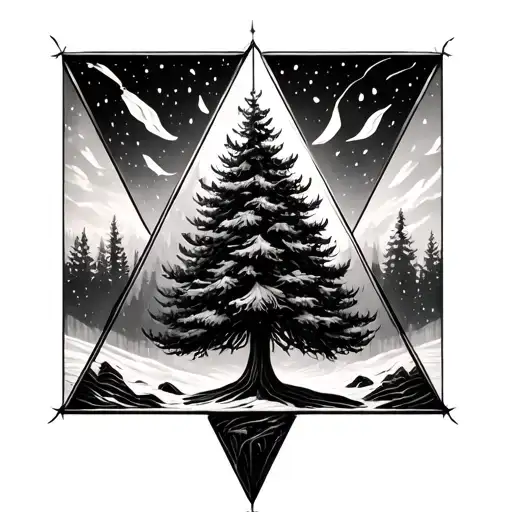 evergreen tree inside of a upside down triangular prism tattoo design idea