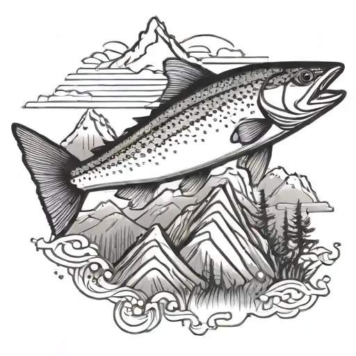mountain with rainbow trout tattoo design idea