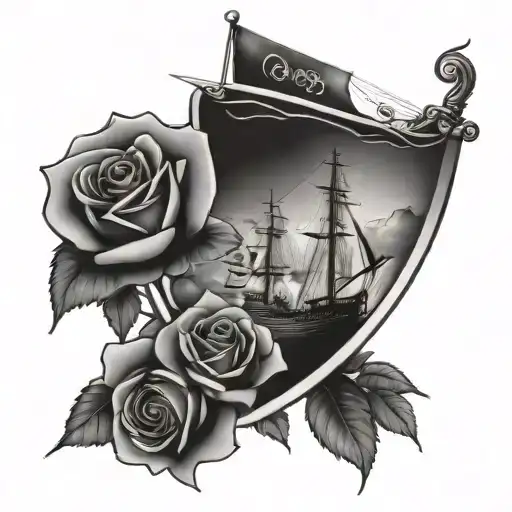 Roses with ship sailing tattoo design idea