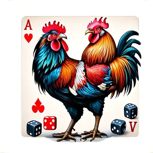 fighting roosters with dice and playing cards surrounding tattoo design idea