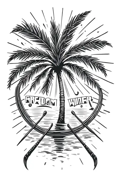 Palm tree sunbeams water music staff intertwined freedom lettering tattoo design idea