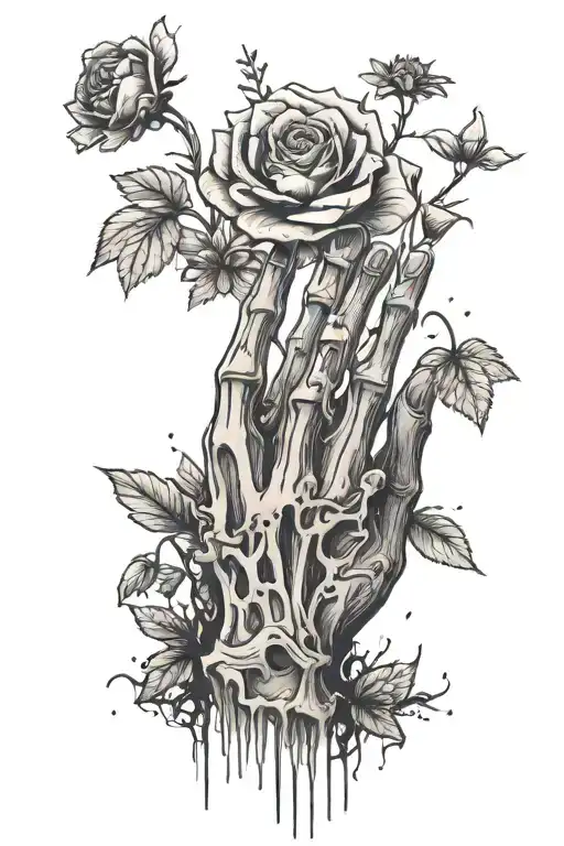 flat skeleton hand holding dirt with a flower coming out of the dirt tattoo design idea