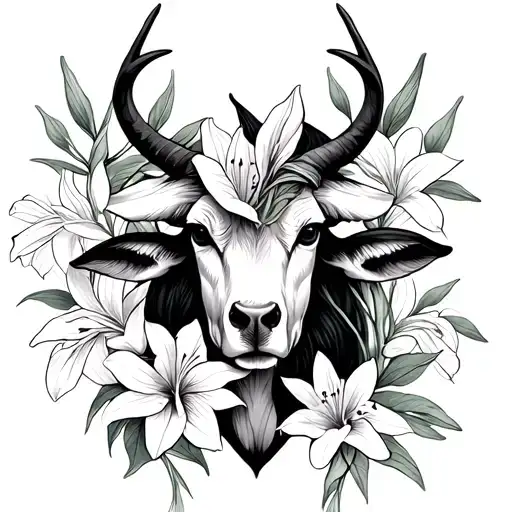 Lilly and honeysuckles intertwined using simple lines include a Taurus and Aries symbol tattoo design idea