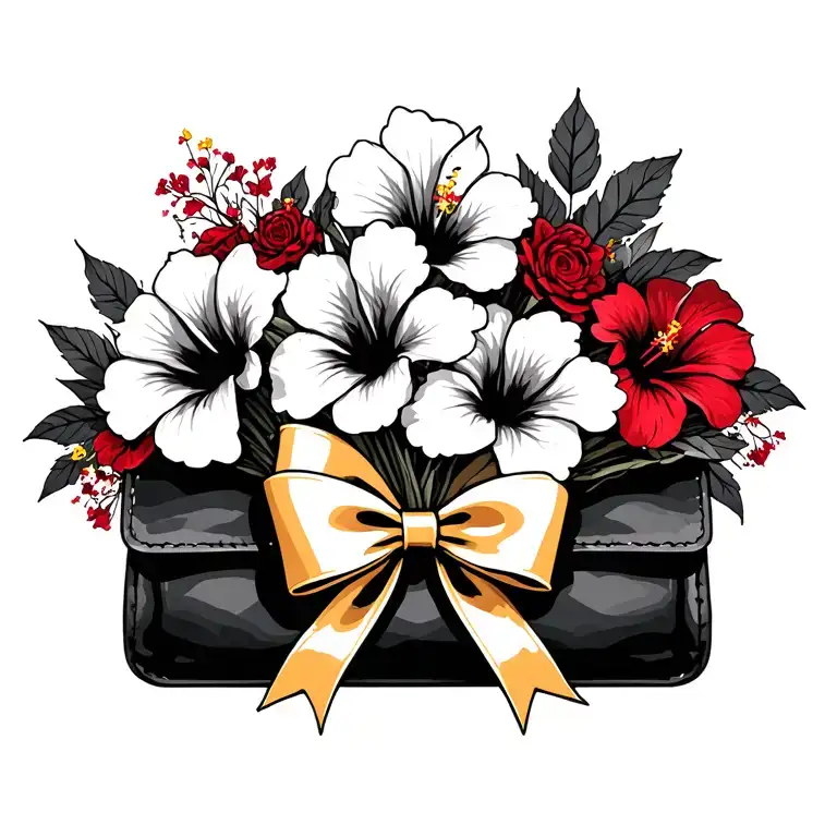 bouquet of red hibiscus flowers with black purse and gold bow tattoo design idea
