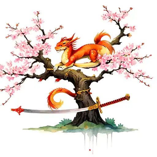 Chinese cherry blossom tree with Mushu and Cri-Kee laying in the branches and Mulan's sword and comb at the base of the  tattoo design idea