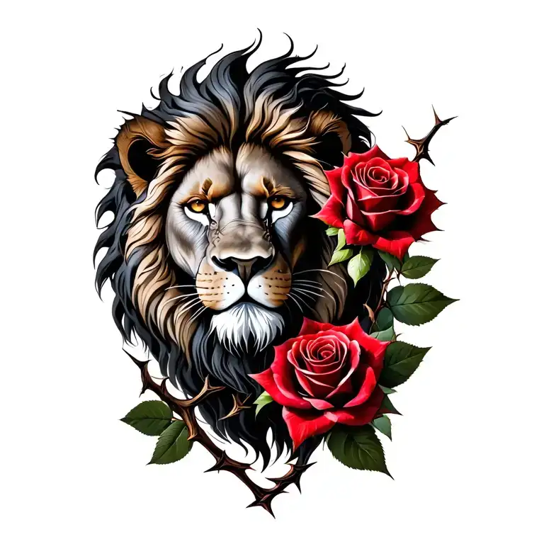lion and two red roses with thorns wrapped tattoo design idea