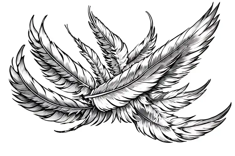 Black and white tattoo of several angelic feathers drawn in traditional Japanese sumi-e ink style, gently rising upward  tattoo design idea