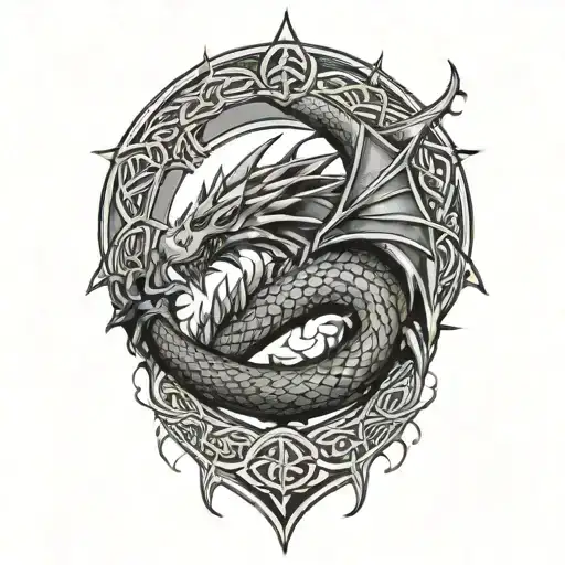 dragon silhouette with celtic knot scales wrapping around a Valknut  tattoo design idea