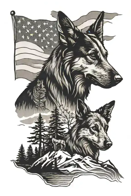 A silhouette of a german shepherd and a border collie standing together on a mountain peak with the American flag waving in the background tattoo design idea