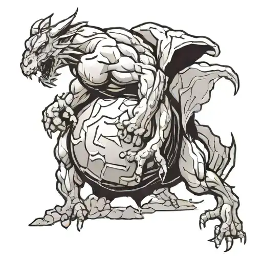 sisyphus pushing a rock, rock as sun, sisyphus as dragon tattoo design idea