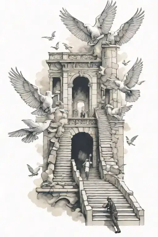 stairway to heaven with doves with 4 people walking up the stairs tattoo design idea