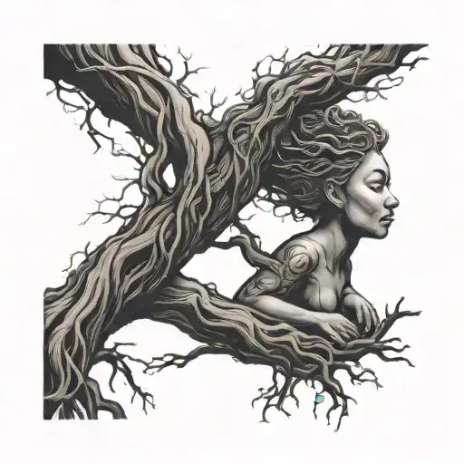 tree with sunbeam roots with trunk in the shape of a meditating woman tattoo design idea