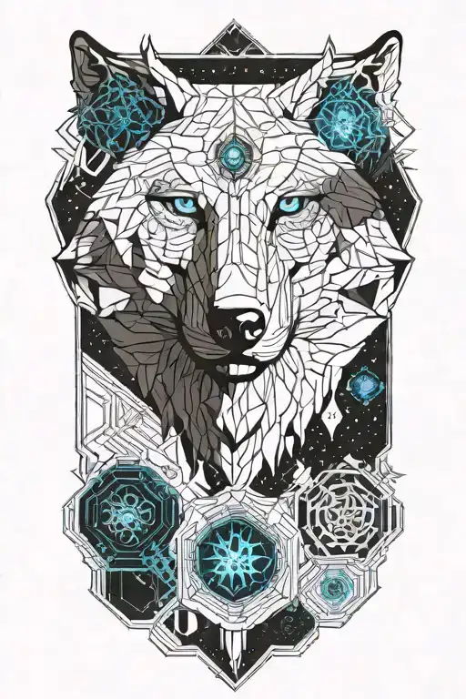 blue eyed symmetrical wolf, hexagonal pattern over it, trees, moon, stars and 5 pups tattoo design idea