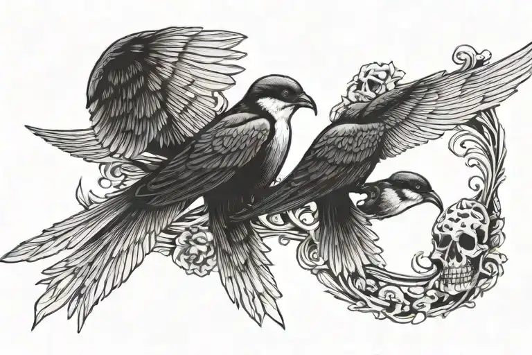 swallows on half skeletons  tattoo design idea