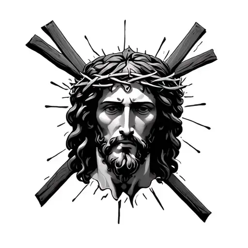 Jesus face with the crown of thorns and down 3 crosses tattoo design idea