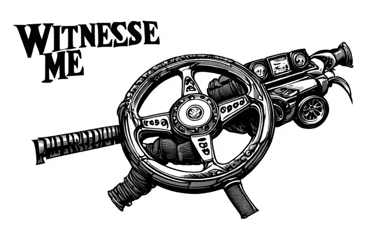 mad max fury road theme shoulder tattoo including the metal steering wheel and witness me text tattoo design idea