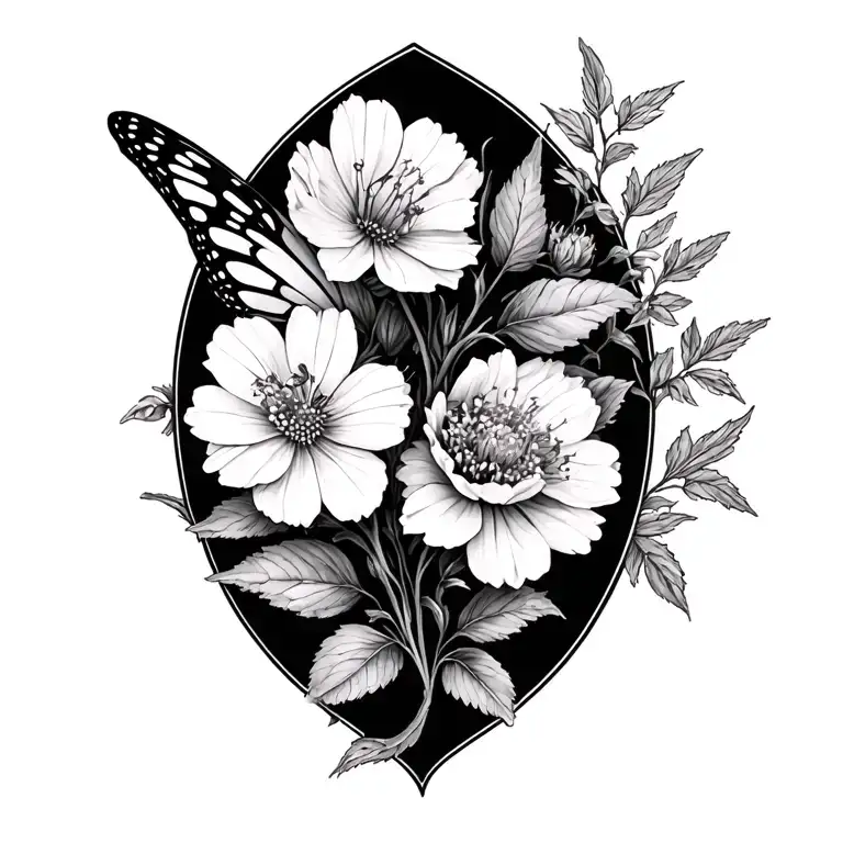 larkspur flowers intertwined with a butterfly wings tattoo design idea