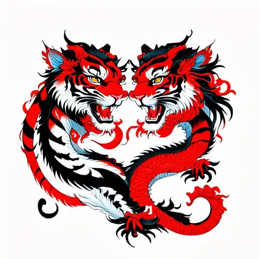 tiger and dragon mirrored image fine line black and red tattoo design idea