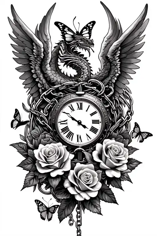 roses intertwined, clock face surrounded, angel wings, dragon, butterfly, chains tattoo design idea
