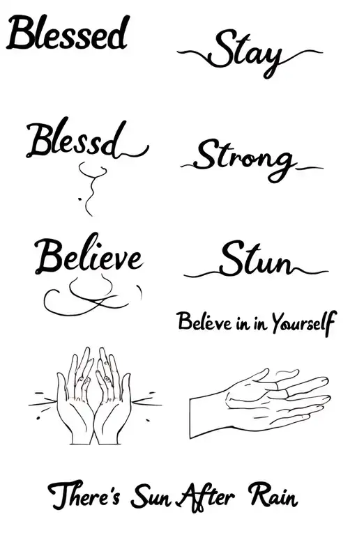 Praise hands, the word "Blessed", "Stay Strong", "Believe in Yourself", "Theres Sun After Rain". tattoo design idea