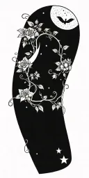 A mystical forest scene with a crescent moon and stars intertwined with vines and flowers tattoo design idea