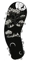 A mystical forest scene with a crescent moon and stars intertwined with vines and flowers tattoo design idea