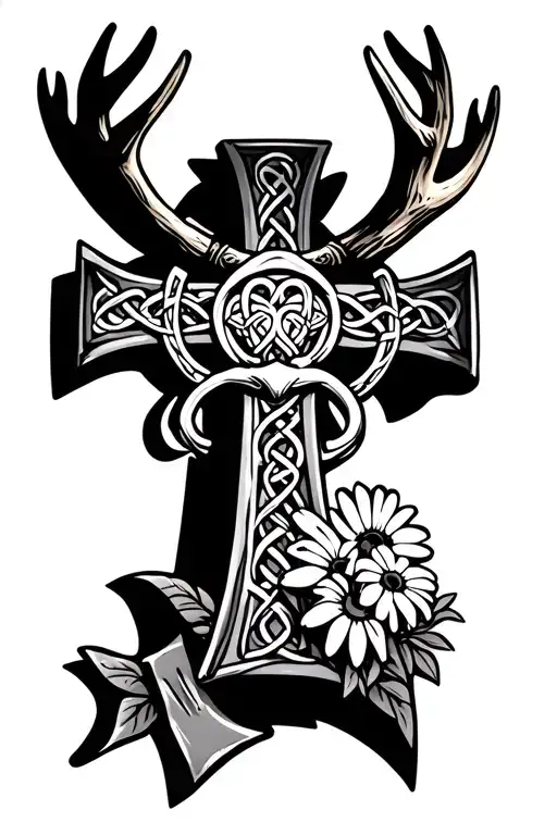 badass celtic cross. claddagh ring in the middle. antlers top of cross. at base of cross an axe and bushel of daisies tattoo design idea