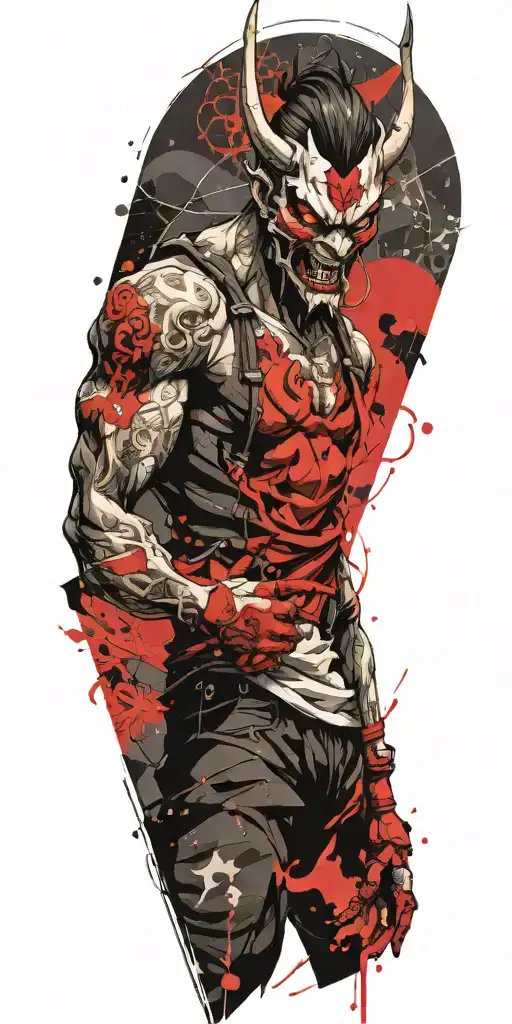 male anime character wearing oni mask fighting off inner demons  tattoo design idea