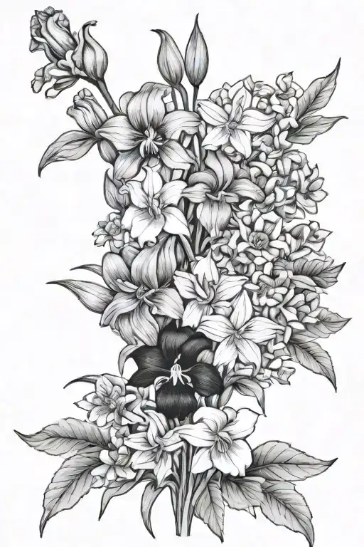A bundle of flowers including: iris’, violets, daisies and sweet peas, paperwhite narcissus and holly, and asters tattoo design idea
