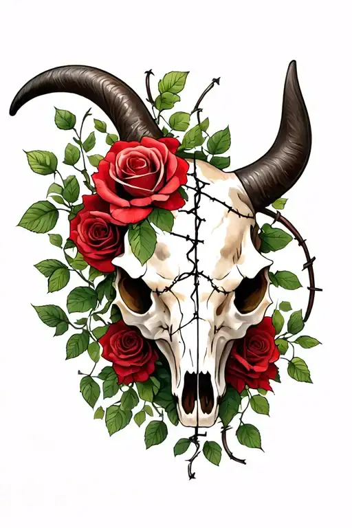Bull skull with half roses and vines , and half barb wire tattoo design idea
