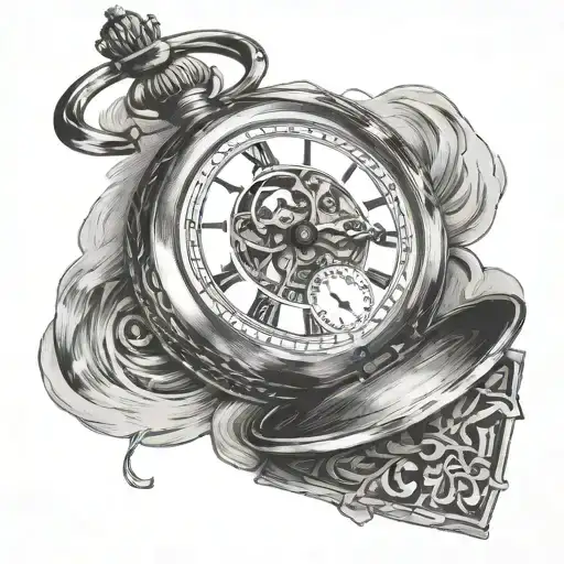 open pocket watch with 5:41 on the face and 8-6-23 scratched under the lid tattoo design idea