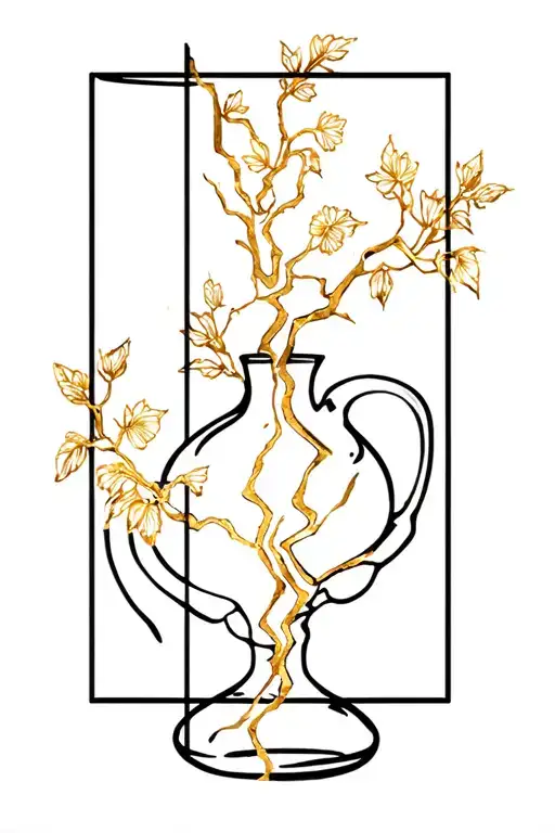 long simple Kitsungi gold crack through a large black rectangle vase tattoo design idea