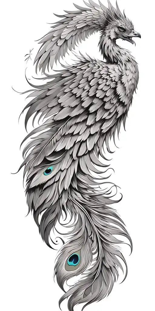 Phoenix, wings spread peacock feather tail tattoo design idea