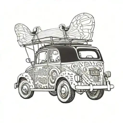 A Volkswagen Tatoon with the names Buggy Bros, Sweet & Low Upholstery, R&S automotive The Volks Shop, Old Volks Home tattoo design idea