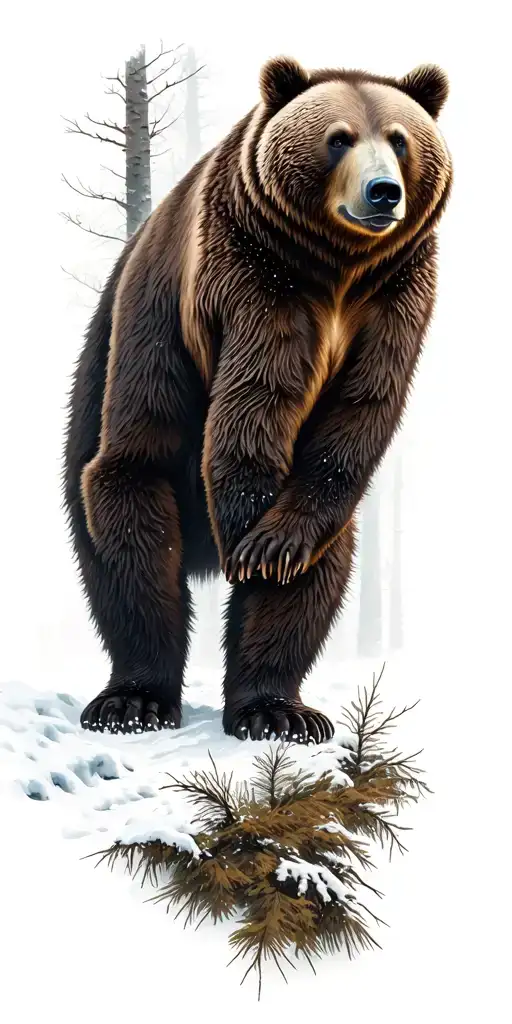 A hyper-realistic black and grey tattoo-style, a adult male bear stands in a Nordic forest tattoo design idea