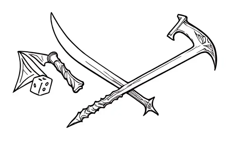 Draw me for a tattoo the size of a forearm. An open grimoire from which a sword, an ax, a dice tattoo design idea