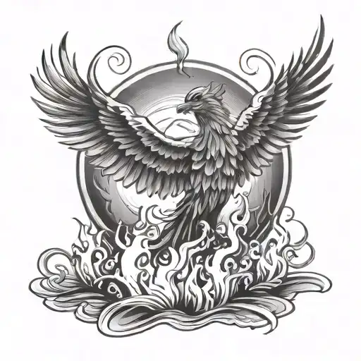 A phoenix rising from the flames of a bonfire on a beach at sunset tattoo design idea