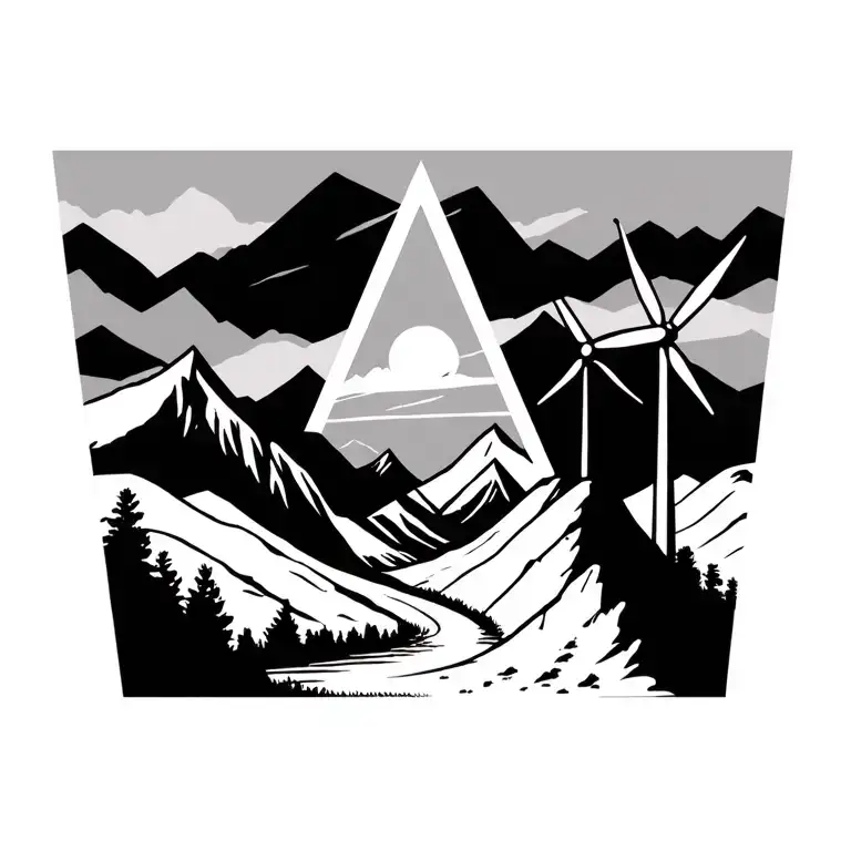 3 traingles and palm spring desert mountains with windmills in the mountains tattoo design idea