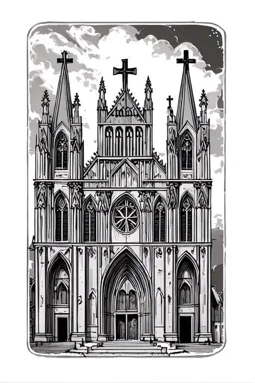 gothic roman catholic cathedral with crosses mixed tattoo design idea