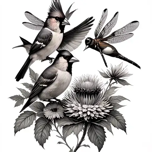 memorial tattoo with cardinals, dragonfly, hummingbirds and scottish thistle tattoo design idea