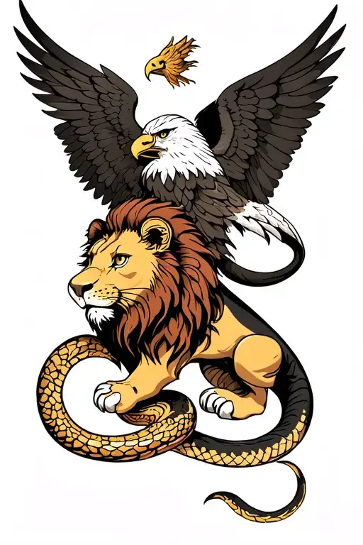  lion head and body, snake head as tail, eagle's wings chimera themed calf sized tatto tattoo design idea
