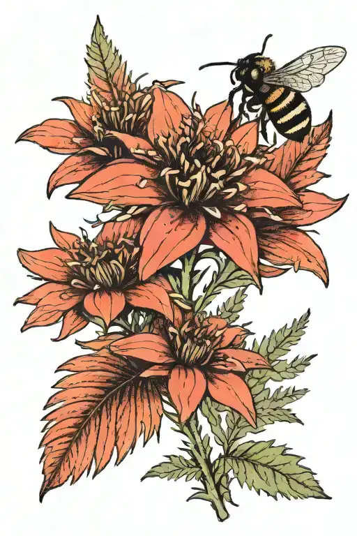 edelweiss flower and silver ferns with a bee flying tattoo design idea