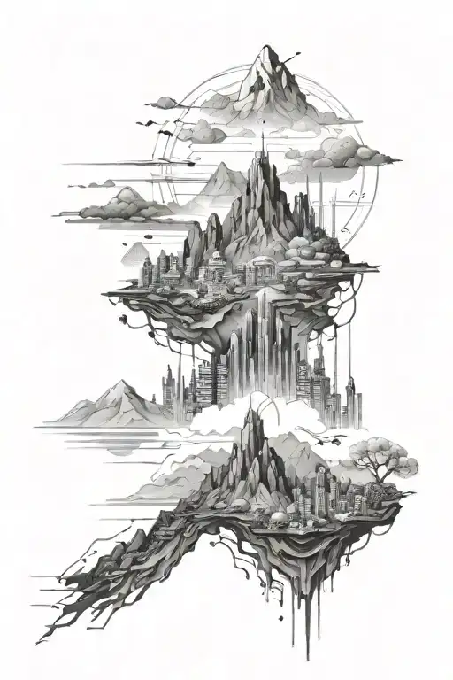 A futuristic cityscape with a mountain in the distance, highlighting the contrast between urban life and the beauty of nature, with subtle coding elements integrated throughout tattoo design idea