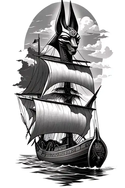 A fusion of Egyptian and Viking symbolism, featuring Anubis and a Viking ship sailing on the Nile River tattoo design idea