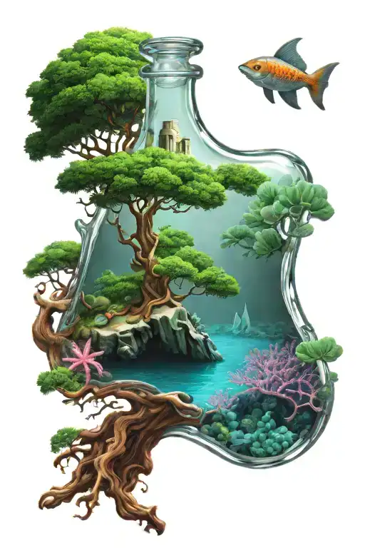 A conical flask with a tree growing out of it. the bottom of the conical flask is surrounded by coral reef. tattoo design idea