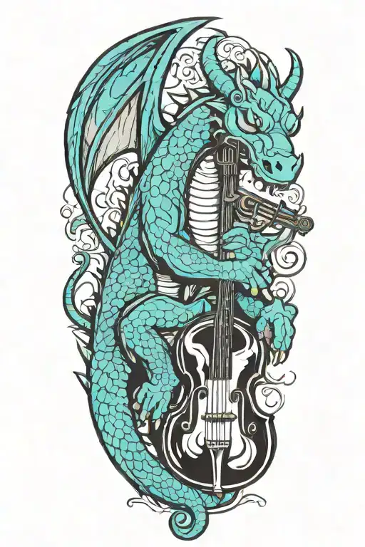 dragon curled around an upright bass tattoo design idea