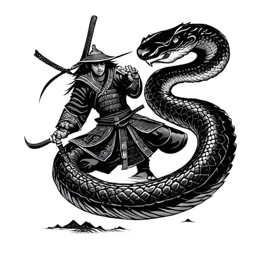 Samurai warrior battling a giant snake in a traditional Japanese landscape tattoo design idea