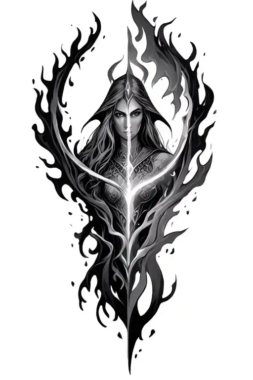 elden ring, fire ring and hunters mark merged, maliketh on the right side, lady maria on the left side  tattoo design idea