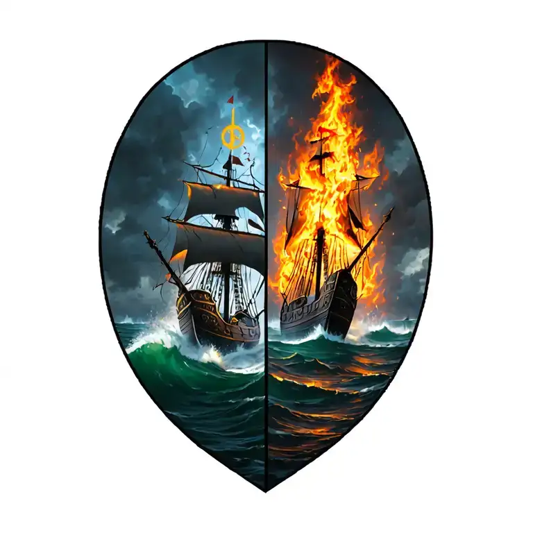 Right: Viking ship heading head-on, stormy sea. Left: Alpha sign from fire across the left chest. tattoo design idea