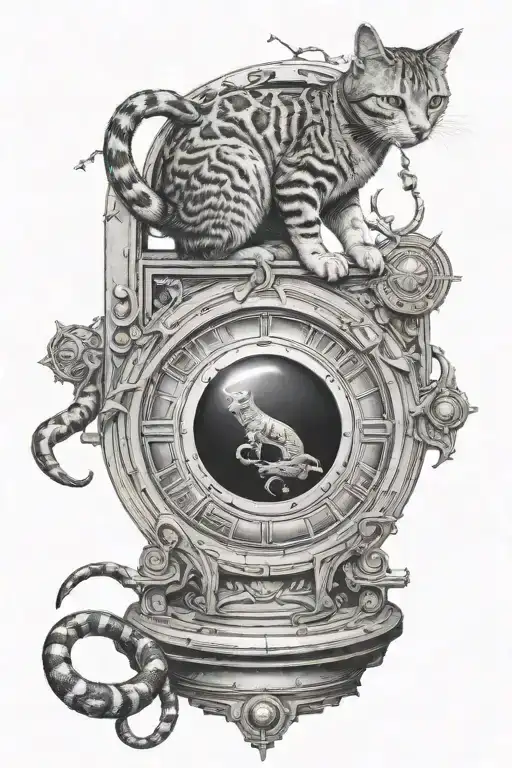 Cat in the stargate portal, with a dead toy snake and mouse at its feet, reaching up to kill a crinkly mylar ball on top tattoo design idea